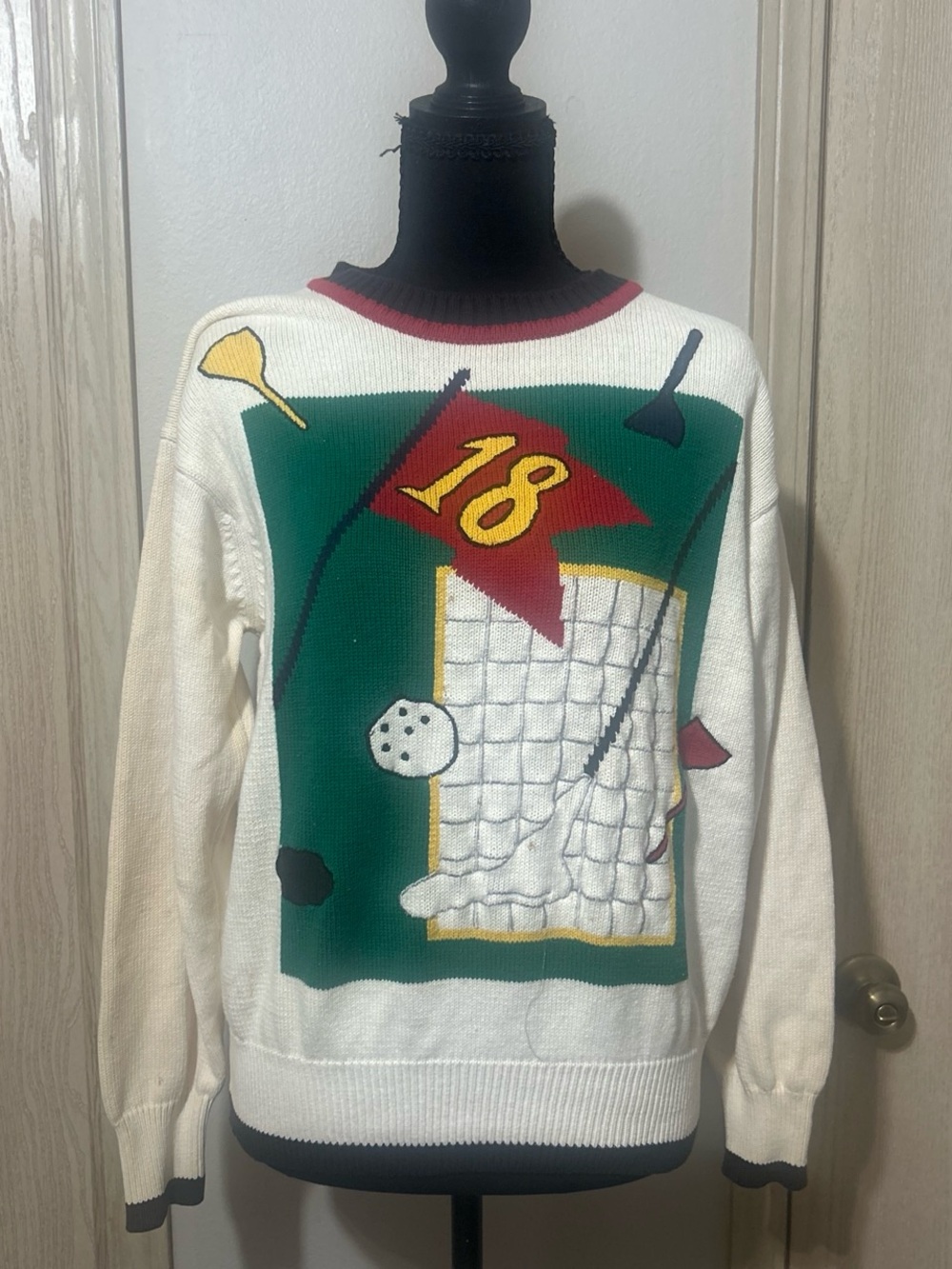 Men's White Crewneck Sweater with Green Golf Panel and Red Accents